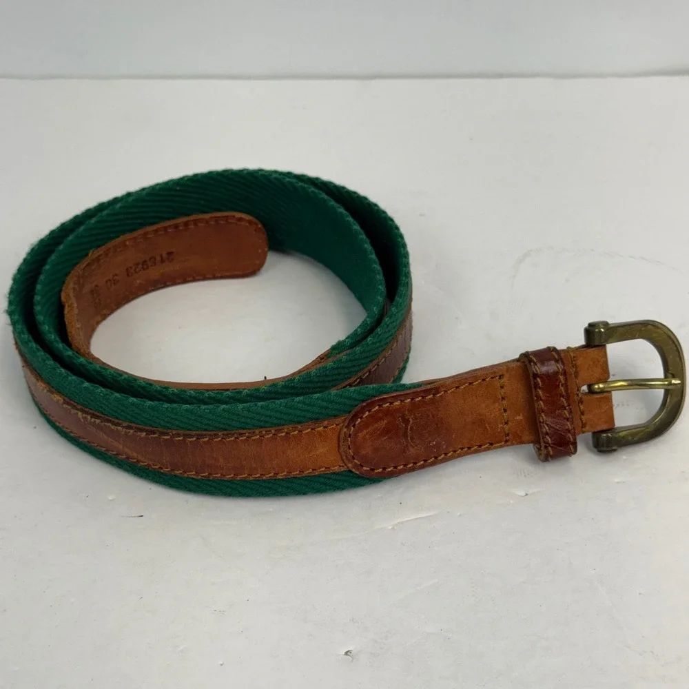 Christian Dior Vintage Mens Belt Green Canvas Tan Leather Spain 30 34 85 218923